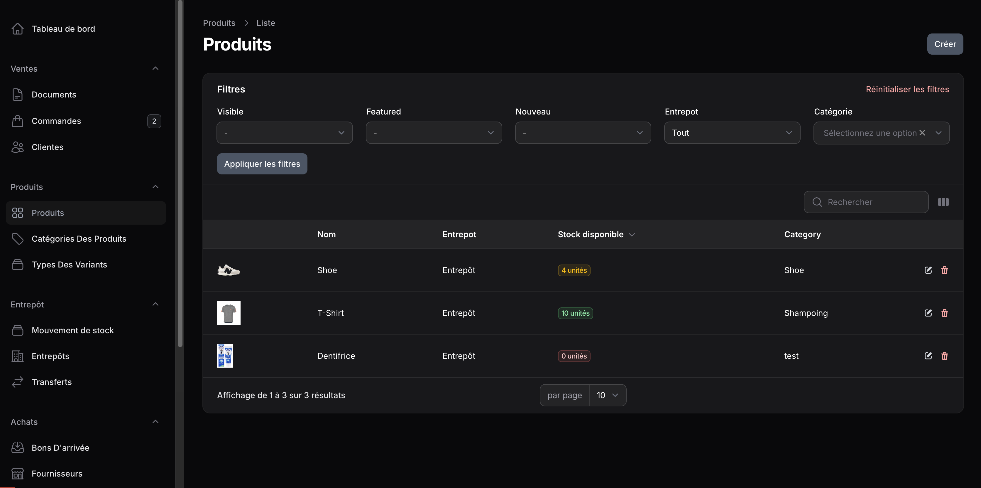 Capture du catalogue produit et de la gestion de boutique